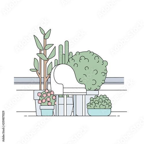 Cozy Balcony Garden with Chair and Potted Plants, Minimalist Line Art