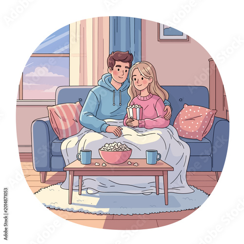 Couple Watching Movie with Popcorn on Sofa
