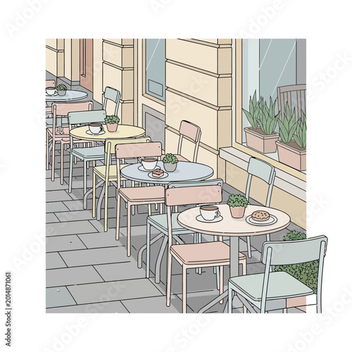 Cozy Cafe Terrace Outdoor Seating with Tables, Chairs, and Plants
