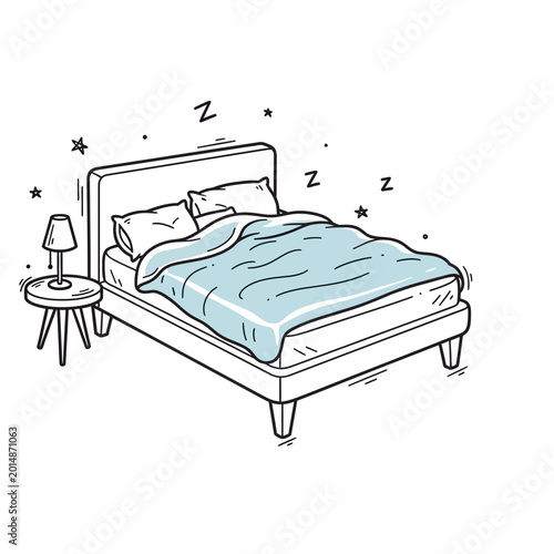 Cozy Bedroom Illustration: Bed with Lamp, Stars, and Zzzs for Sleep Concept