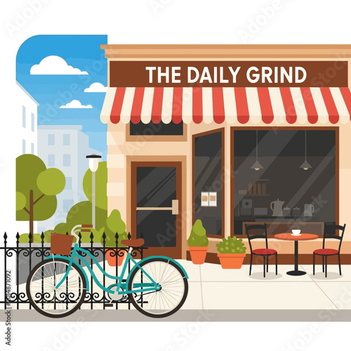 Cozy Coffee Shop Exterior with Bicycle and Outdoor Seating