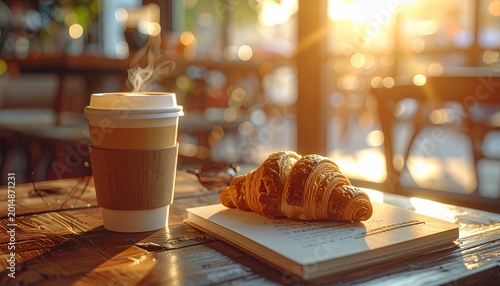 Steaming coffee cup and croissant on a table in a cafe at sunrise