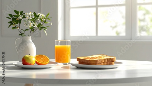 Fresh morning breakfast setup on a table with toast, orange juice, and fruit near a sunny window