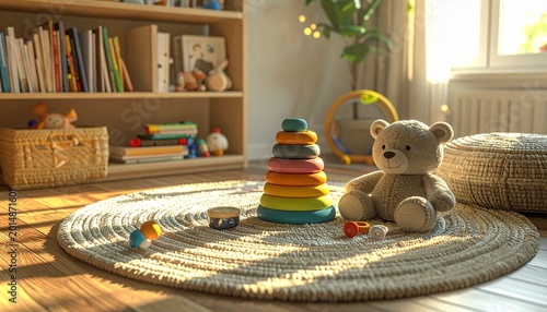 A teddy bear sits beside a colorful toy pyramid on a woven rug in a sunlit nursery with books and toys.