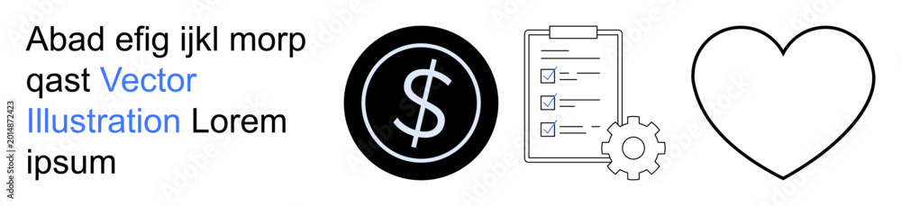 Fototapeta premium Business planning, finance, productivity, goal setting, system optimization, teamwork. Circular dollar sign, clipboard with lists gear and heart symbol. Business planning and finance concept