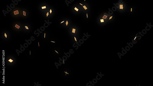 3D realistic golden confetti falling animation on black screen. Slow motion 4K overlay video of confetti ribbon popper falling.