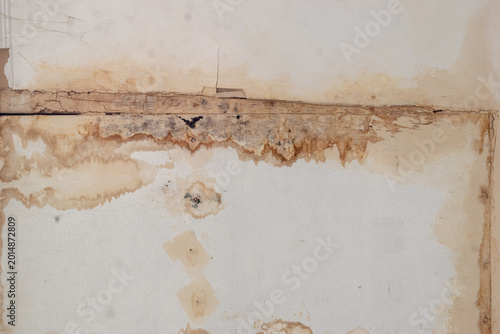 damp and damaged ceiling texture due to leaking roof