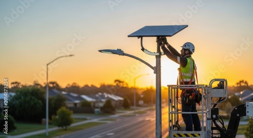 Worker installing solar panel on street light at sunset in suburban neighborhood