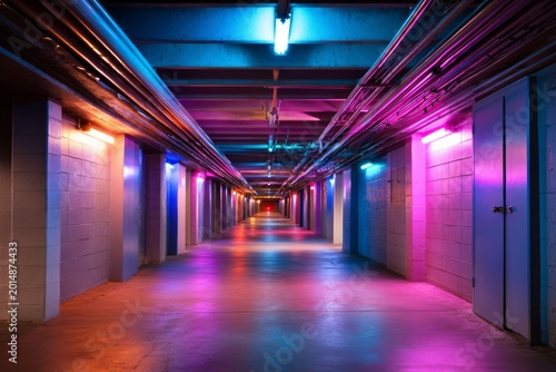 Narrow basement corridor with peeling paint and vibrant metal lighting effects