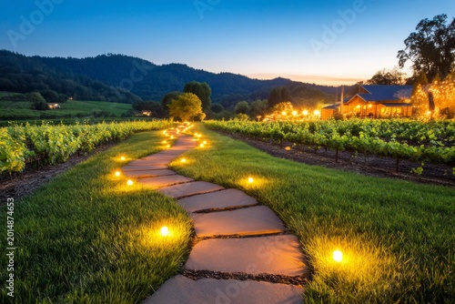 Serene Night Walk Through Vineyard with Subtle Path Lighting Under a Beautiful Sky
