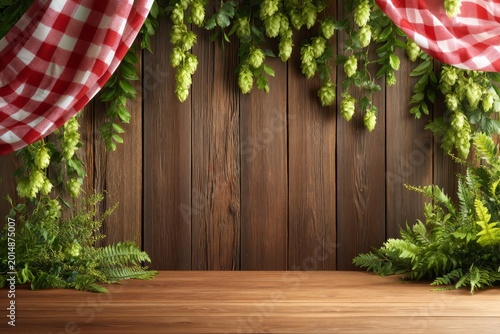 Rustic Oktoberfest Photo Backdrop with Greenery and Checkered Fabric Decoration