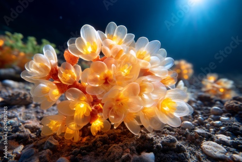 Shimmering Underwater Glass Sponge Field in Deep Ocean with Strange Flowers Blooms
