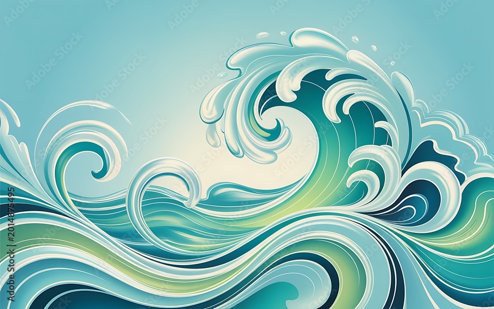 Fototapeta premium Stylized ocean waves in teal and white swirling pattern on transparent background