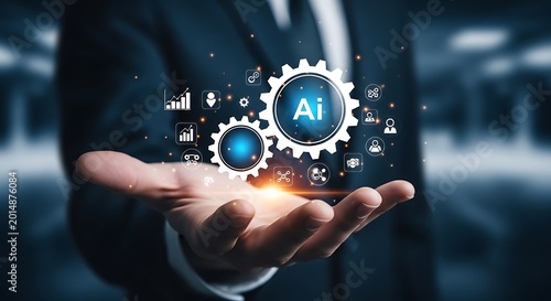 A businessman presenting artificial intelligence concept with gears and icons