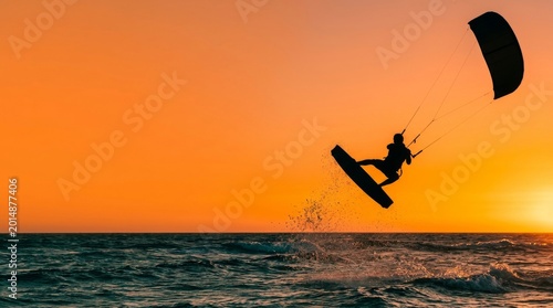 Professional unbranded kitesurfer catching massive air at sunset with spray