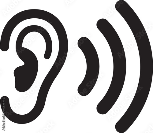 Black human ear icon with sound waves representing hearing and listening symbol