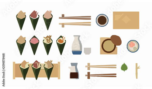 Traditional Japanese temaki sushi set with hand rolls seafood and authentic restaurant food elements