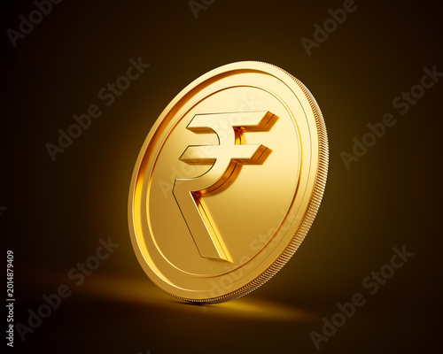 Golden Shiny Rounded Indian Rupee INR Coin On Shiny Golden Glow Background 3d Illustration