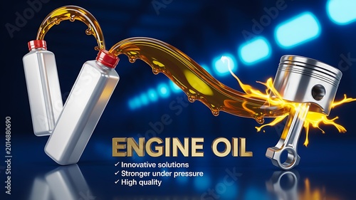 Engine Oil Concept With Piston And Golden Lubricant Splash