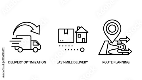 Logistics icons: delivery optimization last mile delivery route planning with supply chain e commerce logistics delivery optimization planning transport location navigation efficiency