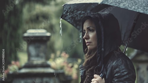 Woman stands in cemetery during rainy day while grieving lost loved one under black umbrella in quiet moment of reflection