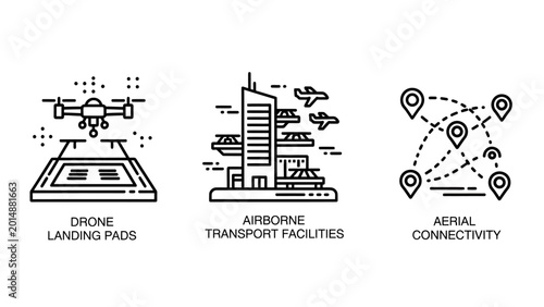 Drone landing pads airport transport facilities and global connectivity network icons transport facility connectivity aviation logistics infrastructure airplane aircraft communication