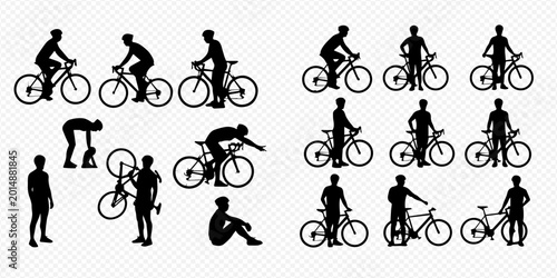 Quadro su tela Collection of various cyclist silhouettes in different poses, including riding, standing, and carrying bicycles, isolated on a transparent background