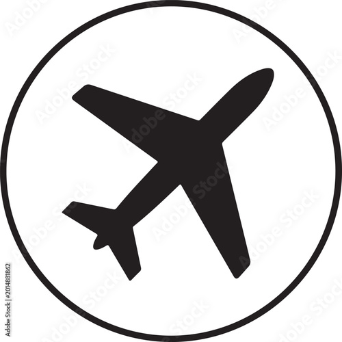 Black airplane icon inside a circle symbol for travel and aviation