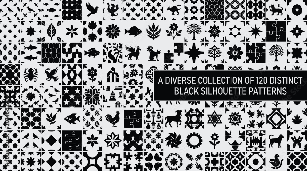 Fototapeta premium Diverse collection of 120 distinct geometric and nature silhouette puzzle pieces