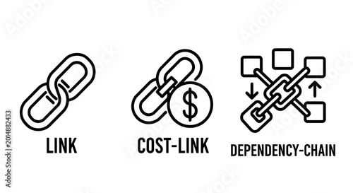 Interconnected chain link icons: link cost link dependency chain concepts for business and technology connection dependency relationship internet technology security strength integration