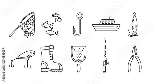 Cuadro en lienzo Fishing Icons Set: Net, Fish, Hook, Boat, Lure, Boot, Scale, Rod, Pliers