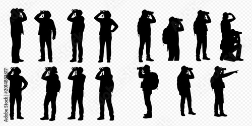 Quadro su tela Set of diverse people silhouettes using binoculars for observation, exploration, and discovery