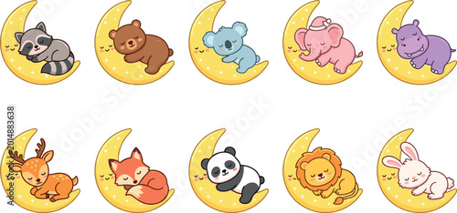 Canvas Print Cute Kawaii Sleeping Animal Set Featuring Panda, Lion, Elephant, Bear, and Fox Resting on Crescent Moons for Baby Shower, Nursery Decor, and Children's Bedtime Designs