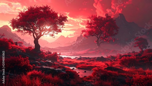 Fantasy landscape with trees at sunset.