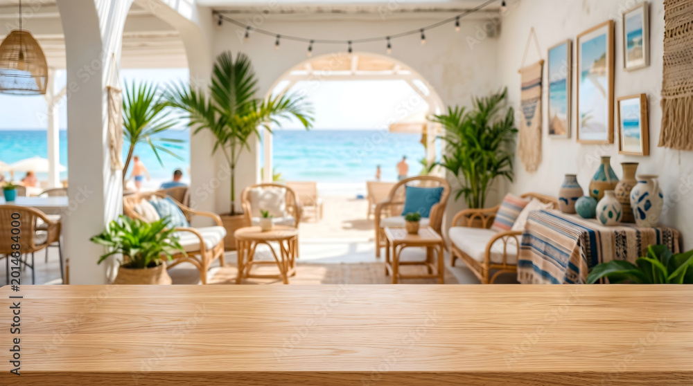 Fototapeta premium Empty wooden tabletop background with blurred luxury coastal beach resort patio interior for product display