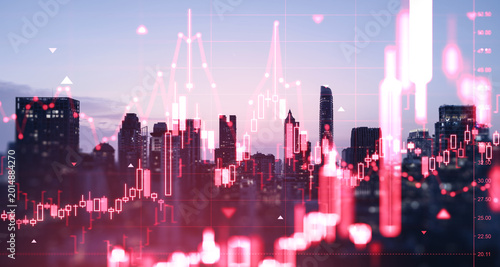 Dynamic red candlestick forex chart overlay on city skyline at dusk showing volatile market movement and future business crisis trends.