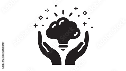 Tableau sur toile Brain icon with hands holding cloud-shaped thoughts, sparkles, and minimal tech