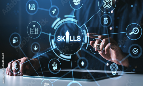 Digital skills development interface with hand interacting on futuristic icons in a modern business technology environment with glowing elements background.
