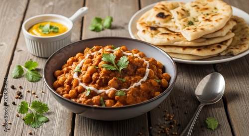 Delicious indian curry with naan bread on rustic wooden table