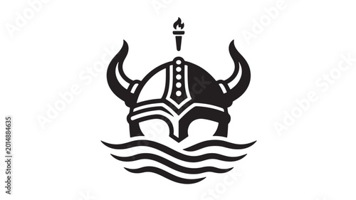 Bild auf Leinwand Helmet with trident and flames symbol, Viking warrior emblem with waves in bold