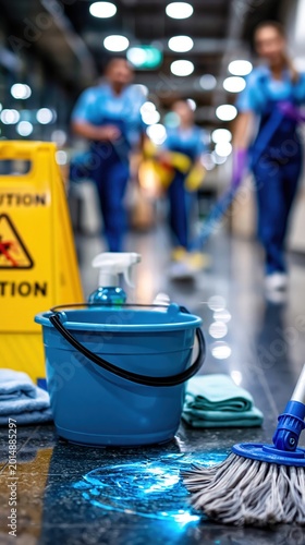 Hospital corridor cleaning scene with janitorial supplies, polished floor, and sanitation concept