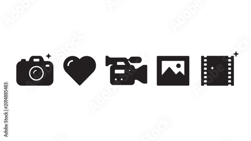 Tableau sur toile Camera, heart, video camera, photo frame, and film strip icons in a minimal blac