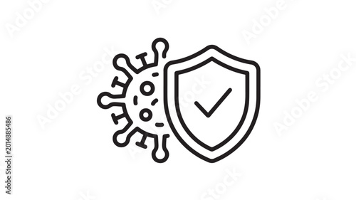 Shield protection against virus germs with check mark and outline medical safety symbol in simple flat vector style