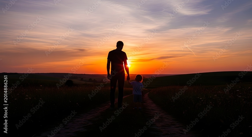Fototapeta premium Father and son silhouetted at sunset on rural country road