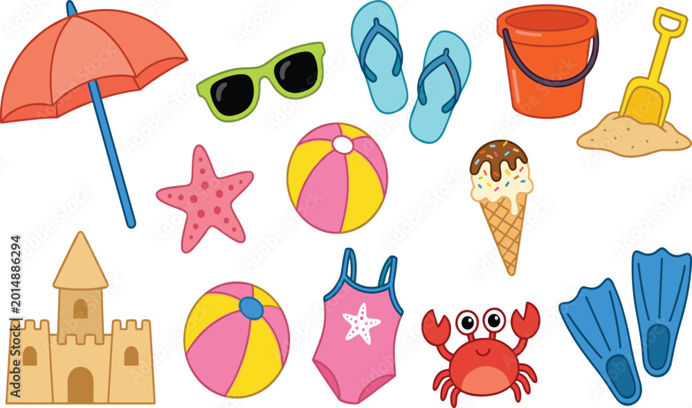 Fototapeta premium Colorful Summer Beach Vacation Icon Set Featuring Sandcastle, Umbrella, Sunglasses, Ice Cream, Swimsuit, and Beach Toys for Travel Promotions, Posters, and Web Graphics