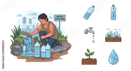 Photography Drought relief: person collecting scarce water from stream into bottles, water s