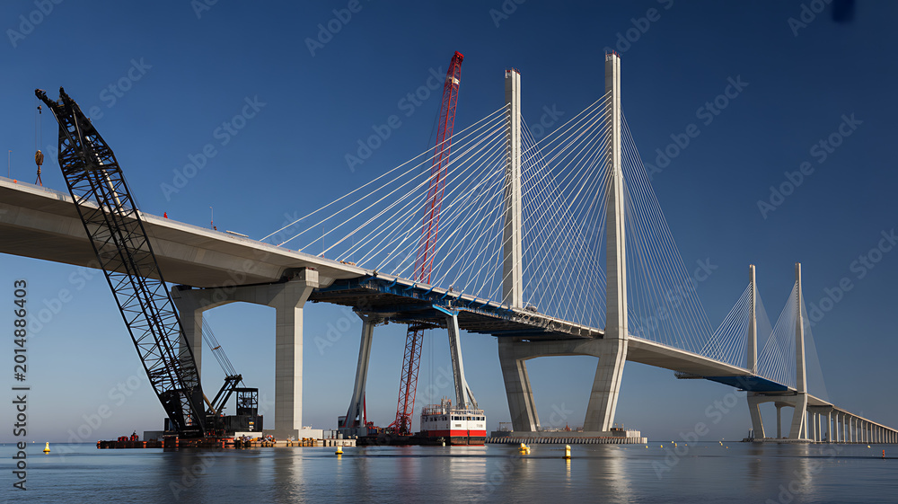 Fototapeta premium A large cable-stayed bridge under construction with cranes and a barge on a clear blue sky day