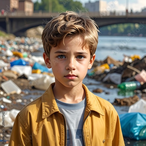 A young boy stands before a polluted river with trash