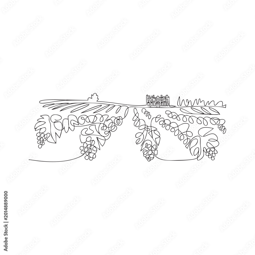 Fototapeta premium Continuous line drawing of vineyard landscape featuring grapes and winery estate house.