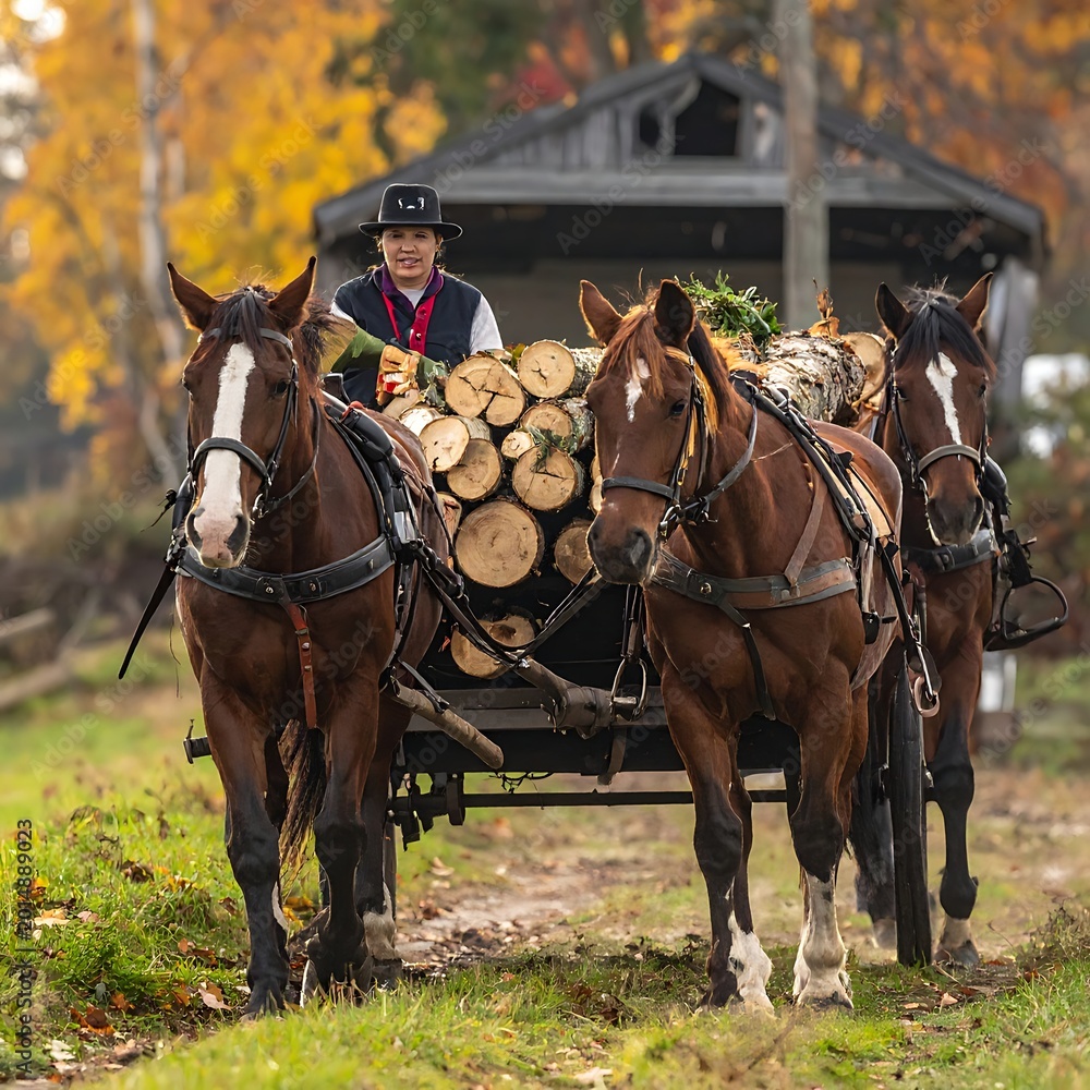 Obraz premium Man riding horse-drawn wagon with logs.